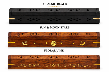 Wooden Incense & Cone Burner Brass Inlaid - with Storage (STYLE MAY VARY)