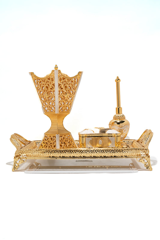 Luxury White & Gold Mirror Tray Arabic Incense Burner Set