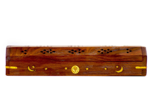 Wooden Incense & Cone Burner Brass Inlaid - with Storage (Sun - Moon - Stars)