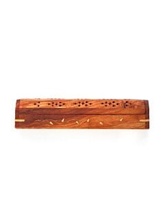 Wooden Incense & Cone Burner Brass Inlaid Flowers - with Storage